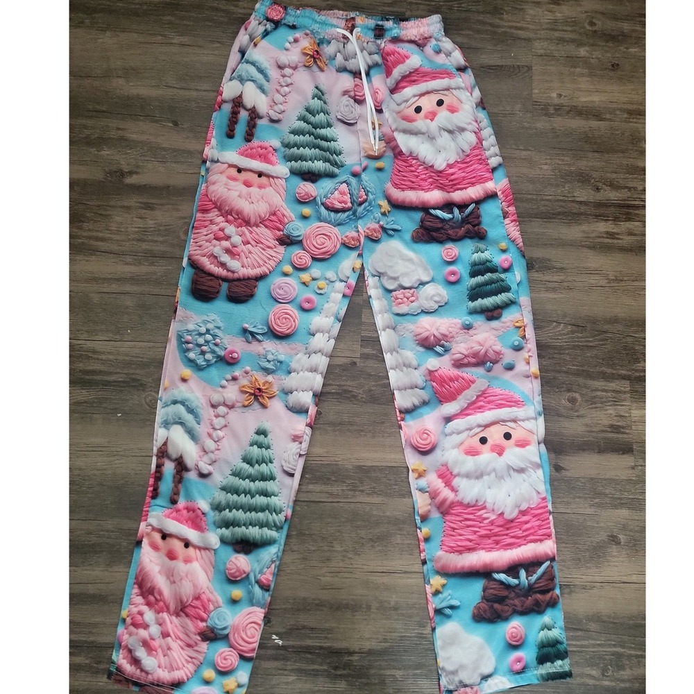 Pink Santa Claus Christmas 3D‎ Print Lounge Pajama Pants Blue Trees XL